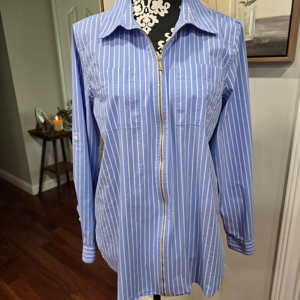Calvin Klein Women’s Zip‑Front Striped Utility Shirt – Size L 0654